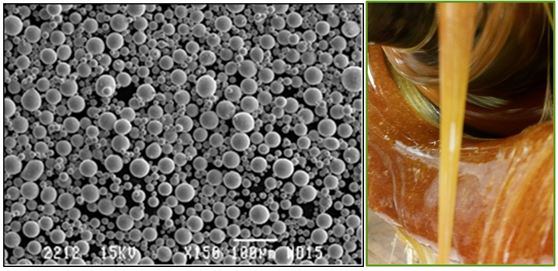 magnified view of alloy powder on left with image of flux on right