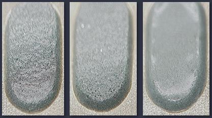 Three side by side prints of solder pastes of different powder sizes to show how they look close up