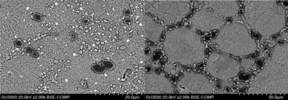 Microscopic images of the microstructure of two solder alloys after aging. The one on the right shows the formation of large scale structures.